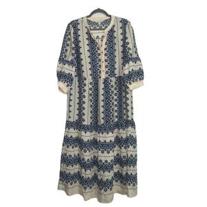 Antrophologie Fig & Flowers Dress XL Maxi 3/4 Sleeve Boho Blue Ivory CottageCore